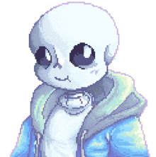 a pixel art drawing of sans from undertale wearing a blue jacket