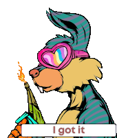 a cartoon rabbit wearing heart shaped goggles and holding a bottle of wine says " i got it "