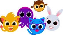 a group of cartoon animals including a lion , cat , owl , and rabbit