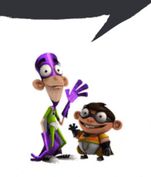 a couple of cartoon characters standing next to each other with a speech bubble above them