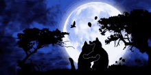 a couple of cats are sitting in front of a full moon