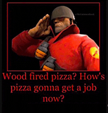 a soldier from team fortress 2 salutes while holding a grenade and a pizza .