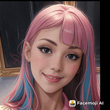 a woman with pink and blue hair has a facemoji ai icon