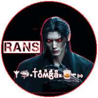 a man with red eyes and the word rans on his face