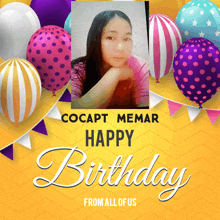 a birthday card for cocapt memar with balloons and a picture of her