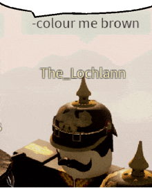 a cartoon character with a helmet and a speech bubble that says " colour me brown "