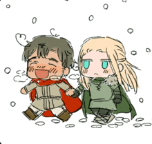 a drawing of a man and woman holding hands in the snow