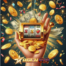 a hand is holding a slot machine surrounded by coins and bills