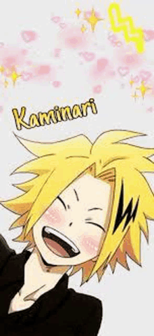 kaminari from my hero academia is smiling and laughing with his eyes closed .