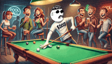 a man playing pool with a shirt that says $ dood on it