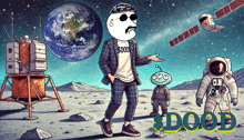 a cartoon drawing of a man standing on the moon with the word doob in the upper right corner