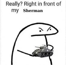 a cartoon character is holding a sherman tank in front of a white background .