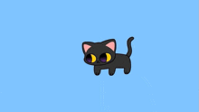 a black cat with purple eyes and a pink ear is walking on a blue background .