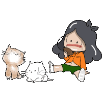 a cartoon of a girl holding a fan and two cats