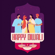 a happy diwali greeting card with a group of people and candles