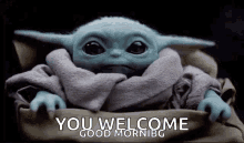 a baby yoda from the mandalorian is wrapped in a blanket and saying `` you welcome good morning '' .