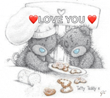 a drawing of two teddy bears holding a sign that says i love you