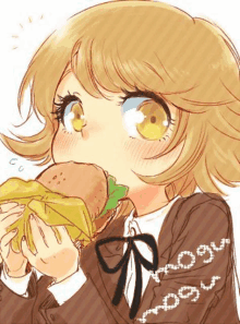 a drawing of a girl eating a hamburger with a bow on her jacket