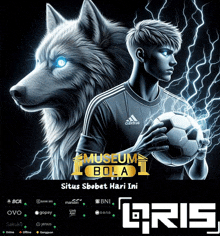 a soccer player is holding a soccer ball in front of a wolf with lightning behind him