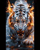 a white tiger with flames coming out of its mouth