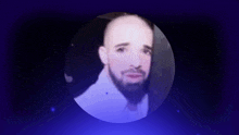 a man with a beard and a bald head is in a circle on a purple background .