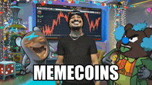 a memecoins advertisement with a man and a clown in the background