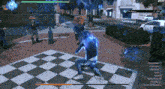 a video game is being played on a checkered floor and the player 's name is yusuke