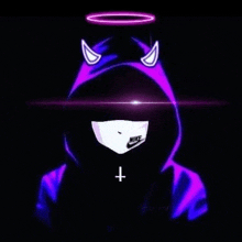 a person wearing a purple hoodie with horns and an angel ring around their head .