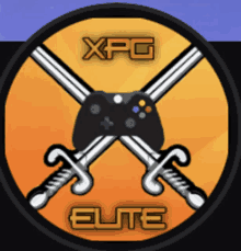 a logo for xpg elite with a game controller and two crossed swords