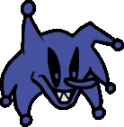 a cartoon drawing of a blue jester with a hat and a tongue sticking out .