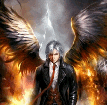 a painting of a man with wings and a lightning bolt in the background