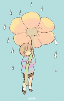 a drawing of a girl holding a large flower with rain drops on the background