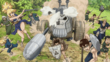 a group of cartoon characters are fighting a skull shaped vehicle