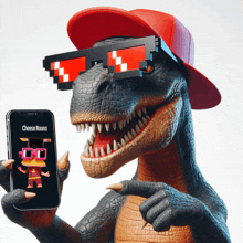 a dinosaur wearing sunglasses and a hat is holding a cell phone that says cheese nouns on it