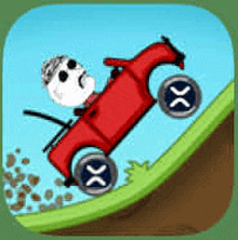 a cartoon of a man driving a red car down a hill .