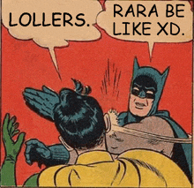 a comic book scene with batman and robin saying " lollers " and " rare be like xd "