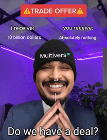 a man wearing a beanie that says multiverse on it