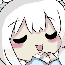 a close up of a cartoon girl with white hair and a pearl in her hand .