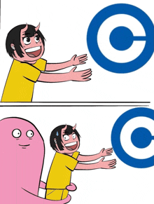 a cartoon of a girl with horns reaching for a blue circle with the letter c in it