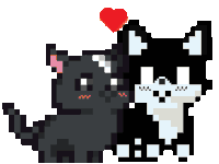 a pixel art drawing of a black and white cat with a red heart above them