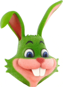 a green bunny with pink ears and white teeth smiles