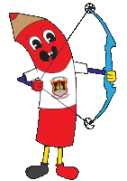 a cartoon drawing of a red pencil holding a blue bow and arrow