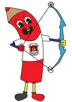 a cartoon drawing of a red pencil holding a blue bow and arrow