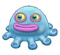 a cartoon drawing of a blue octopus with green eyes and a purple mouth