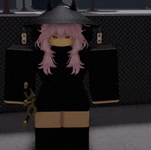 a girl with pink hair is wearing a hat and holding a sword