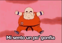 a cartoon character from dragon ball z is jumping in the air with the words `` mi sento un po ' gonfia '' .