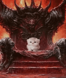 a small white cat is sitting on a throne in front of a demon