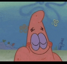 patrick star from spongebob squarepants is smiling with his eyes closed and a flower in the background .