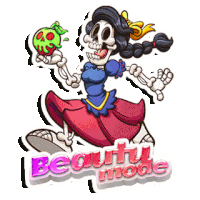 a cartoon drawing of a skeleton girl holding an apple and the words beauty mode