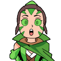 a cartoon drawing of a girl with green eyes and a surprised look on her face